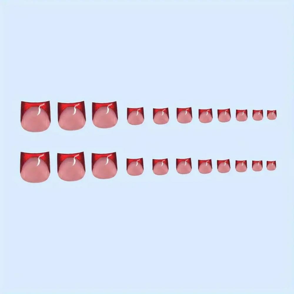 48Pcs Medium Square Press on Nails Short Square Press on Toenails Red French Tips Stick on Nails with Heart Design Chrome Glossy Full Cover Fake Nails Cute Summer False Toenails Kit for Women Manicure