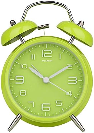 Peakeep 4 Inches Twin Bell Loud Alarm Clock for Heavy Sleepers | Backlight, Battery Operated Old Fashioned Alarm Clock for Bedrooms Kids' Room (3D-Dial, Green)