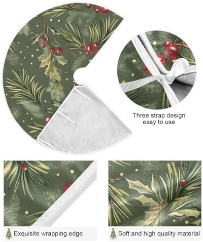 Christmas Balls Fir Holly Berry Christmas Tree Skirt Large Xmas Tree Decoration 48 inch Holiday Burlap Tree Mat Cover for 4 ft Trees