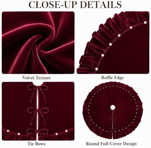 Christmas Tree Skirt,Velvet Tree Skirt with Ruffled Edge with Pearls, Classic Large Velvet Fur Plush Tree Skirt for Merry Christmas(WineRed,36Inch)