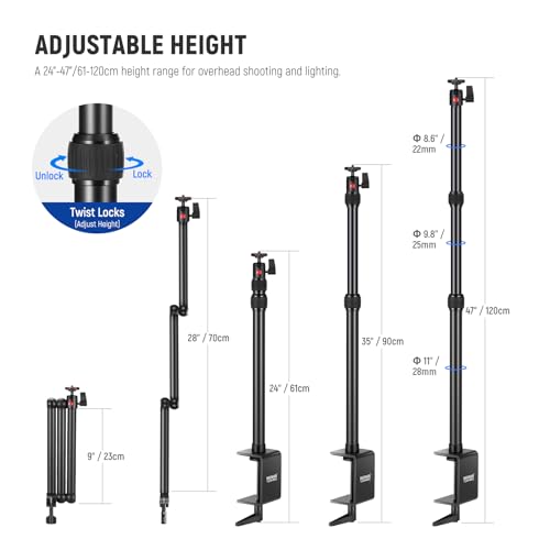 NEEWER Upgraded Overhead Camera Rig with Trifold Camera Boom Arm (Max Load 2lb), 47"/1.2m Telescopic Desk Mount Stand (Max Load 8.8lb) with Phone Clamp Ball Head for LED Light Webcam Mic, TL253A+MH022 - style: TL253A+MH022