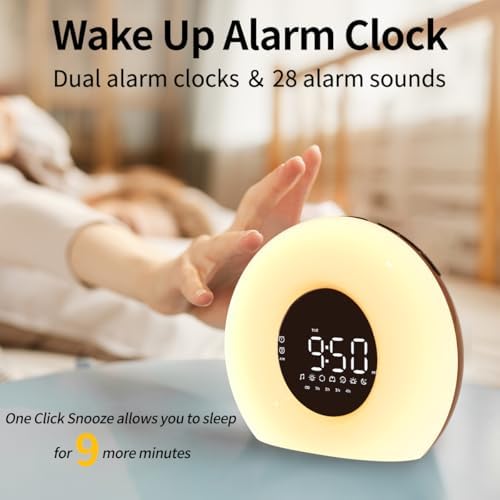 Wake Up Light Sunrise Alarm Clock for Bedroom Sunrise Sunset Simulation 23 Natural Sounds 13 Colors Night Light Dual Alarms and Snooze Sleep Aid for Heavy Sleepers Kids Adults (Wood Grain)