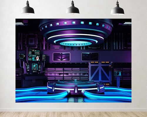 Trykid 20x10ft Cyberpunk Control Room Podium Backdrop Futuristic Neon Glowing Stage Sci Fi Photography Background Product Display Gaming Party Decoration Tapestry Photo Booth Prop Fabric - size: 20x10ft