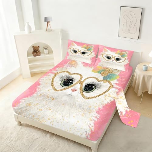 Glitter Cat Fitted Sheet Set Twin Size for Kids Cute White Cat with Heart Glasses Print Sheet Set Kawaii Bow Kitten Bedding for Girls Toddler with 1 Fitted Sheet + 1 Flat Sheet + 1 Pillowcase - color: Cat 09, size: Twin