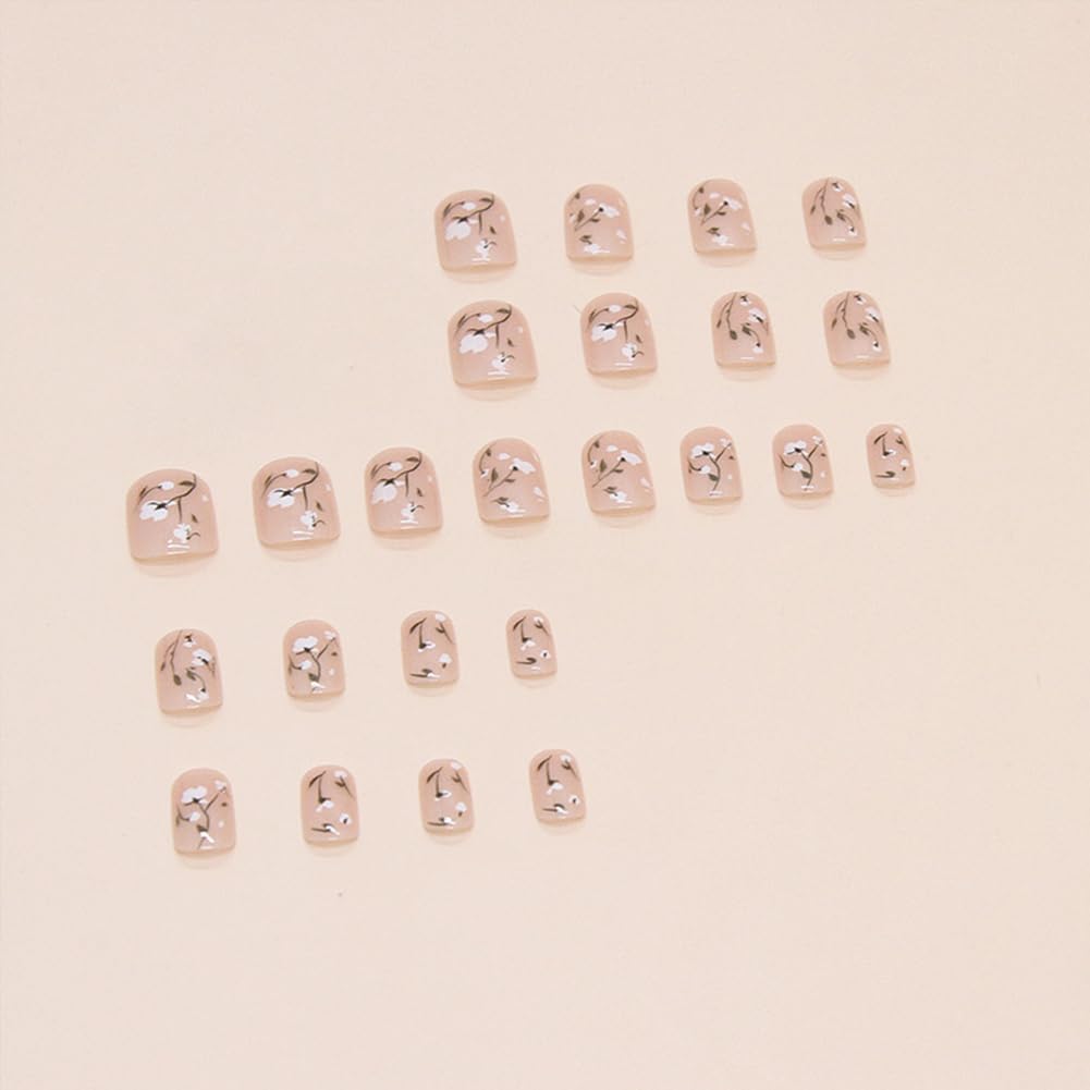 24Pcs Spring Summer Press on Nails - Pink Short Square False Nails With Floral Design Artificial Nails Acrylic Full Cover Fake Nail Kit Flower Stick on Nails For Women And Girls