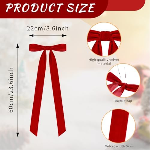 Velvet Bows for Christmas Tree Pack of 4 Large Rustic Crafts Gift Wreath Bow Ornaments for Xmas Topper Staircase Home Wedding Outdoor Interior Decor, 2" Width, 23 x 8.7 Inch (4, Red)