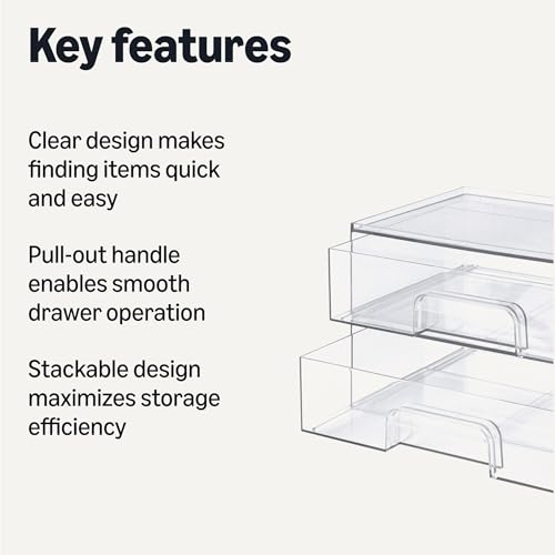 Amazon Basics Stackable Plastic Storage Makeup Organizer Drawers, Clear, 12.1" x 7.6" x 3.5", 2 Pack - size: 3.5" X 12.1" X 7.6"