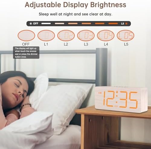 DreamSky Wooden Digital Alarm Clock for Bedroom with Large Numbers | Loud Alarm Clock for Heavy Sleepers with Volume Control, Desk Clocks for Living Room, Dimmer, DST, Wood Decor (Plug in Clock)