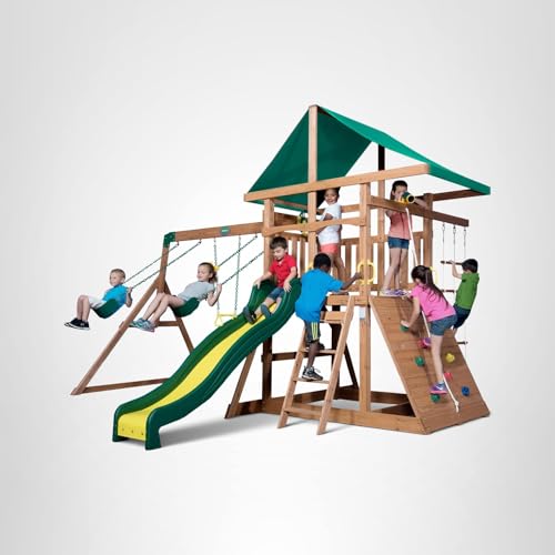 Backyard Discovery Mount Mckinley Cedar Wood Swing Set with Wave Slide, Play Deck, Double Rock Wall, Rope Ladder, Web Swing, Belt Swings, Toy Telescope, Steering Wheel, Sandbox Area, Outdoor Playset