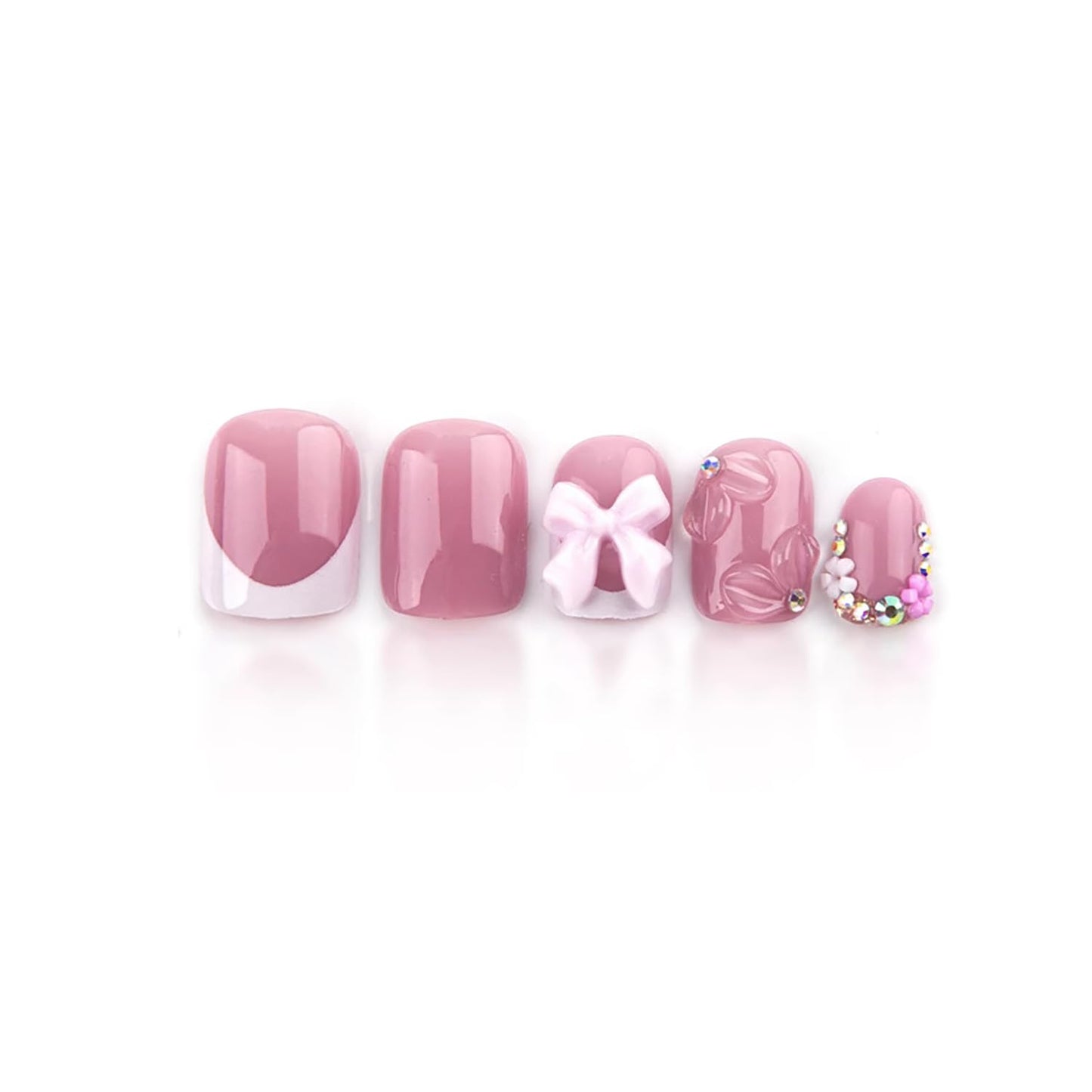 Pink Press On Nails Short Square Fake Nails With Bow Rhinestone Design French Nail Press Ons Embossed Bow Flower Acrylic Nails Glossy False Nail For Women
