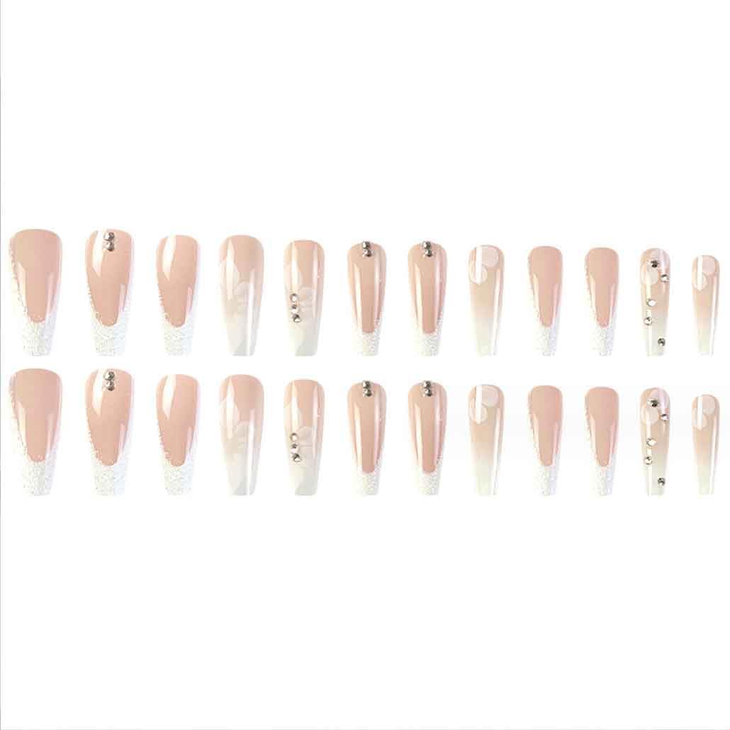 Foccna White Press on Nails Extra Long, Acrylic Fake Nails Coffin Crystal Flower Design False Nails,Artificial Nails for Women and Girls, 24 pcs