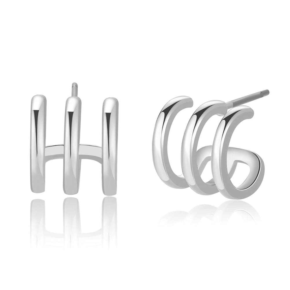 Obidos 14K Gold Plated Illusion Stud Earrings for Women | Triple Huggie Hoop Earrings for One Hole… (Plated White)