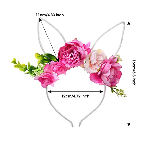 Bubbmi Easter Bunny Ear Headband with Flowers Crown Hairbands Festival Costume Hair Accessories for Women - color: White-red