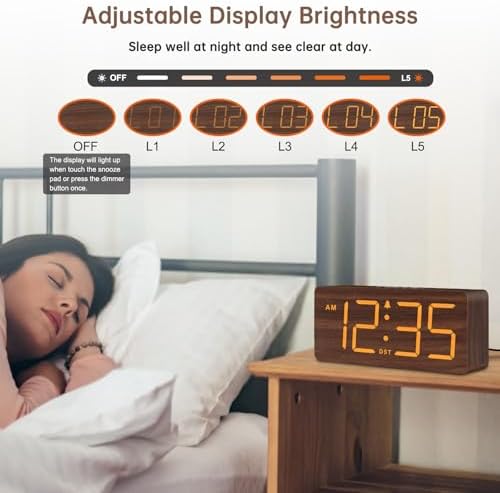 DreamSky Wooden Digital Alarm Clock for Bedroom with Large Numbers | Desk Clock for Living Room Office, Loud Alarm for Heavy Sleepers Adults, Volume Control, Dimmer, DST, Wood Decor (Plug-in)