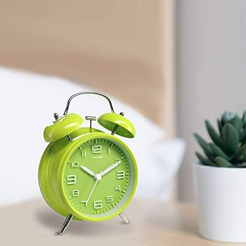 Peakeep 4 Inches Twin Bell Loud Alarm Clock for Heavy Sleepers | Backlight, Battery Operated Old Fashioned Alarm Clock for Bedrooms Kids' Room (3D-Dial, Green)