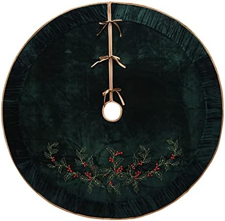 X.Sem Holly Leaf Embroidered Velvet Christmas Tree Skirt with Pleat Velvet Border 50'' (Dark Green, 50 inch)