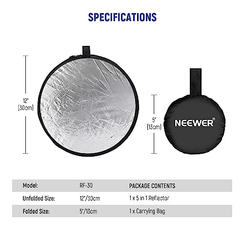 NEEWER 12"/30cm Light Reflector Light Diffuser 5 in 1 Collapsible Multi Disc with Bag - Translucent, Silver, Gold, White, and Black for Photography - size: 30cm