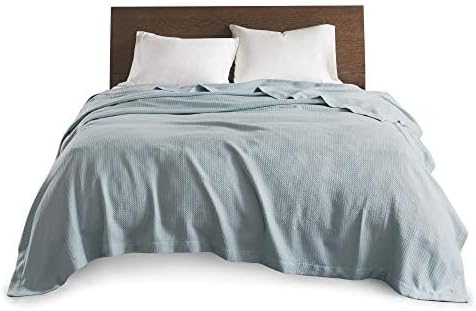 Madison Park Soft Certified 100% Egyptian Cotton Breathable Cozy Blanket, Premium Waffle Knit Classic Design, Luxury All Season Lightweight Cover for Bed, Couch and Sofa, Light Blue King(108"x90")