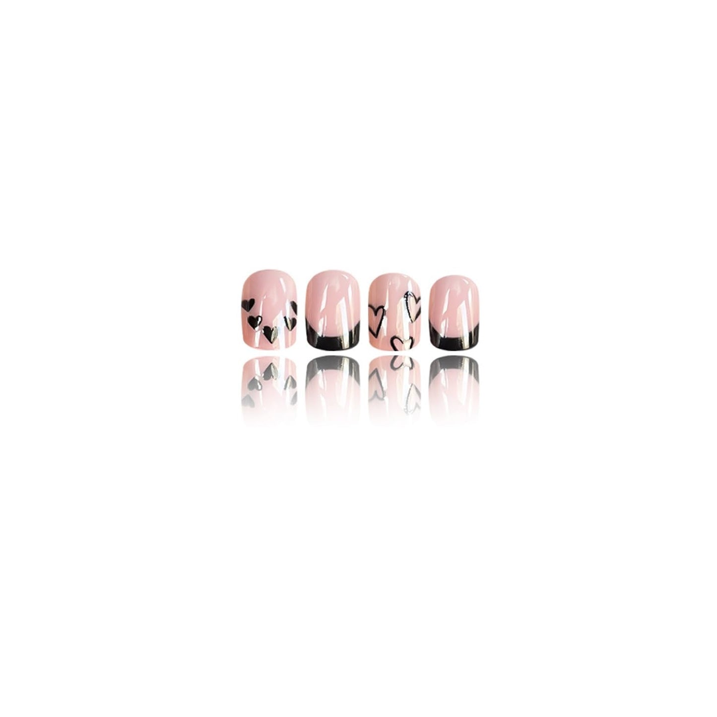 24Pcs Valentines Press on Nails Short Square Black French Tip Fake Nails Black Love Designs False Nails Nude Pink Glossy Full Cover Cute Heart Artificial Glue on Nails for Women Holiday Manicure Decor
