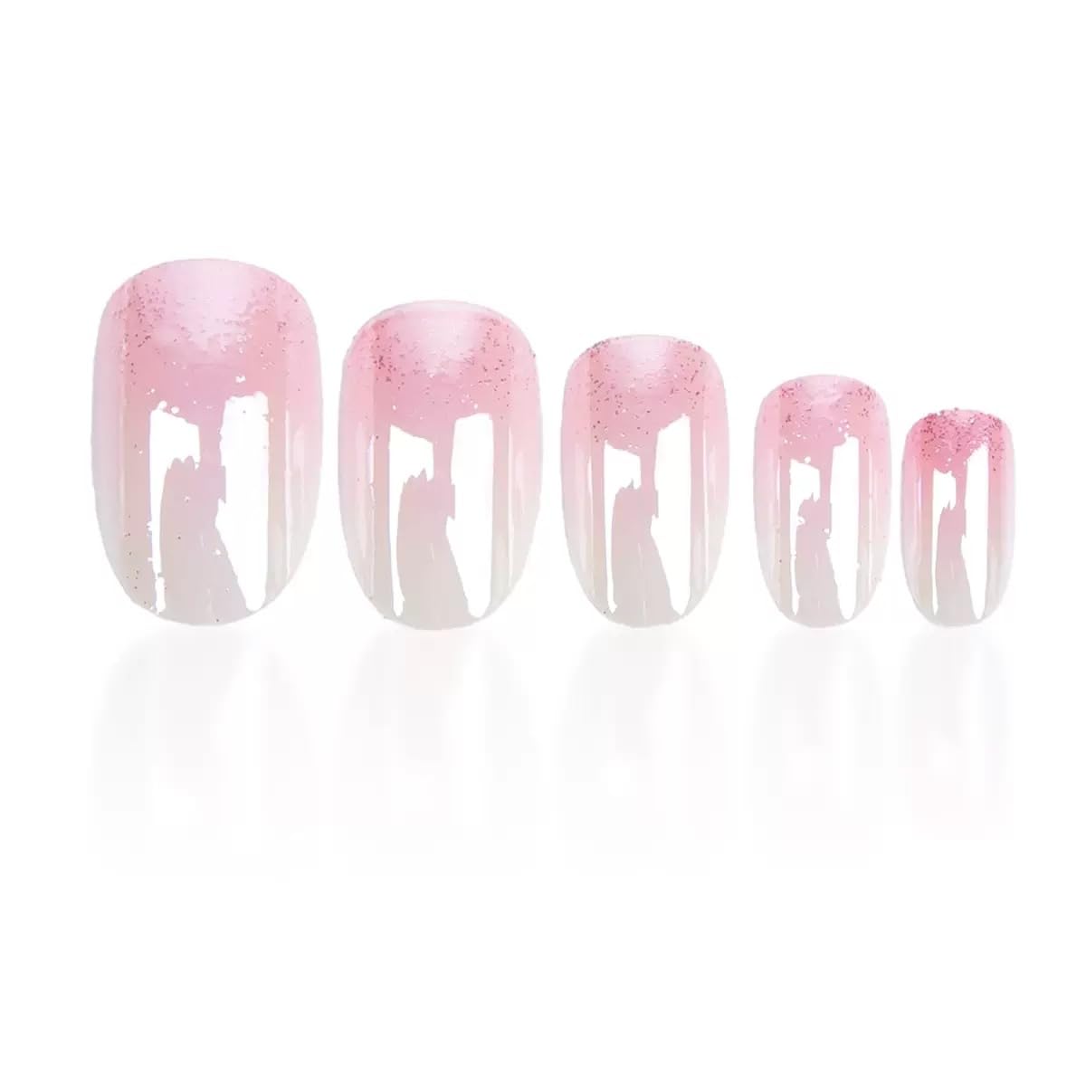 Short Press on Nails Almond - Pink Fake Nails with Ombre Chrome Design - Glitter Glossy Full Cover Stick on False Nails - for Women 24 Pcs