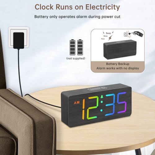 DreamSky Wooden Digital Alarm Clock for Bedroom, Living Room Desk | RGB Loud Alarm Clock for Heavy Sleepers with Volume Control, Large Numbers with Dimmer, Office Wood Decor (Plug in Clock)