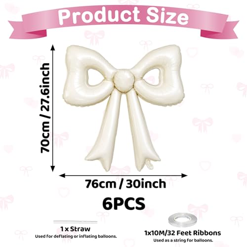 6 Pcs Cream Bow Balloons, 30 Inch Beige Bow Foil Balloon, Cream White Cutout Balloons, for Girls Women Wedding Engagement Bridal Valentine’s Day Proposal Baby Shower Birthday Party Decorations - style: Hollow Bow Cream