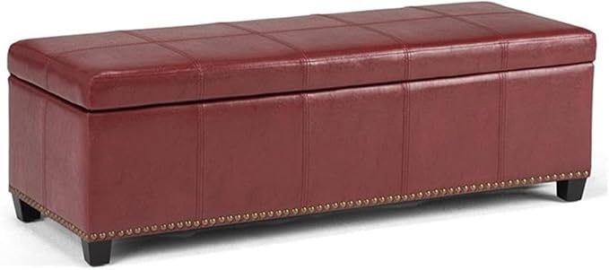 SIMPLIHOME Kingsley 48 inch Wide Transitional Rectangle Large Storage Ottoman in Radicchio Red Vegan Faux Leather, Assembled, For the Living Room, Entryway and Family Room