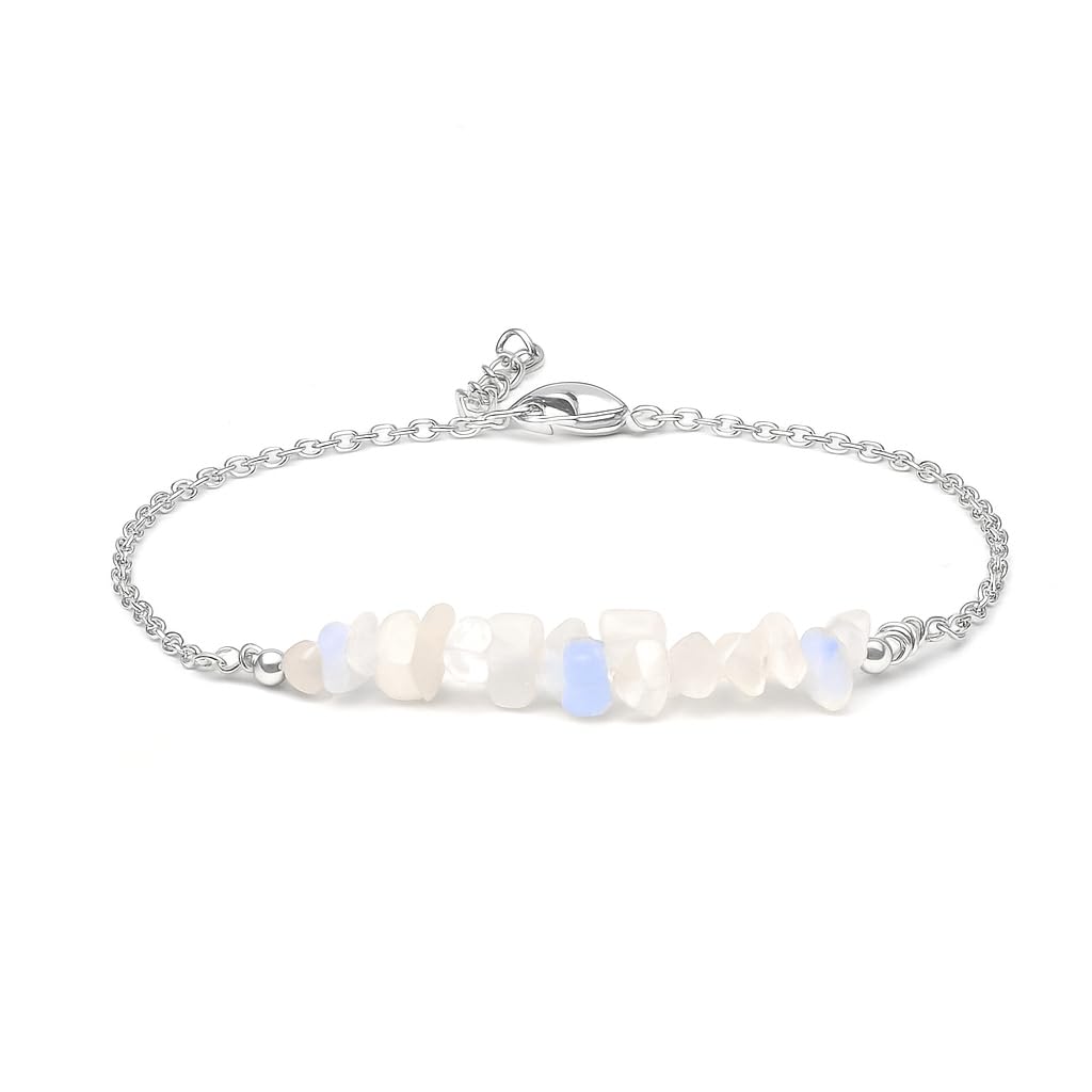 Gempires Natural Gemstone Chip Bar Bracelet for Women, Crystal Healing Bracelet, Multiple Gemstone Options, Adjustable Yellow Gold Plated Chain (7” + 1” Extender), Dainty Stackable Jewelry Gift for Her (Moonstone)