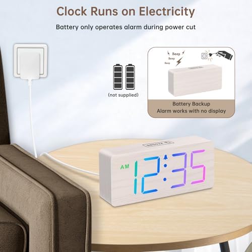 DreamSky Wooden Digital Alarm Clock for Bedroom, Living Room Desk | RGB Loud Alarm Clock for Heavy Sleepers with Volume Control, Large Numbers with Dimmer, Office Wood Decor (Plug in Clock)