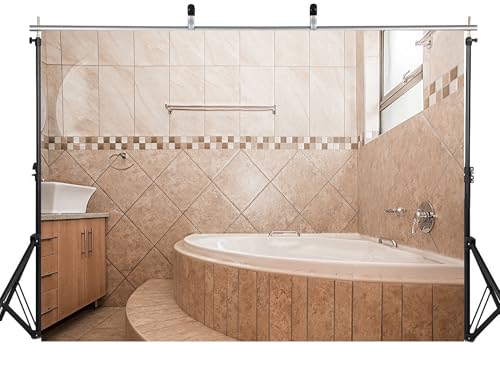 8x8ft Fabric Beige Tile Bathroom Backdrop Curved Bathtub Warm Neutral Tones Background Spa Shooting Theme Party Decorations Wall Tapestry Photo Studio Props - size: 8X8ft