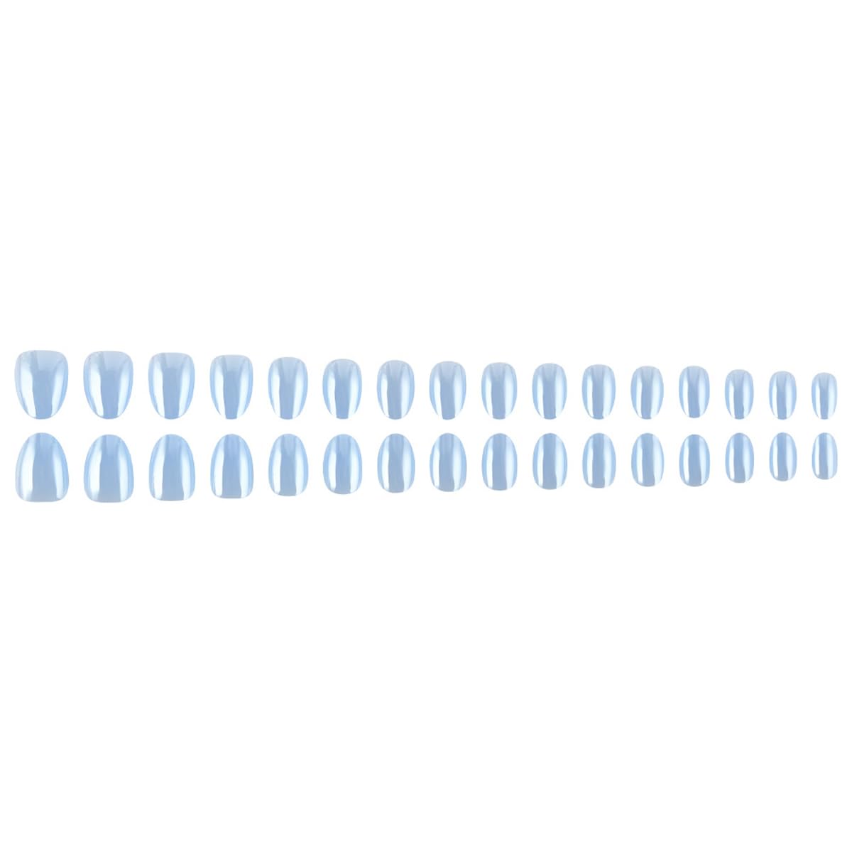 Blue Chrome Press on Nails Short Oval Fake Nails Spring Summer Nails Press ons with Glazed Design,Reusable & Easy Apply Full Cover Stick on Nails for Women Manicure 32Pcs