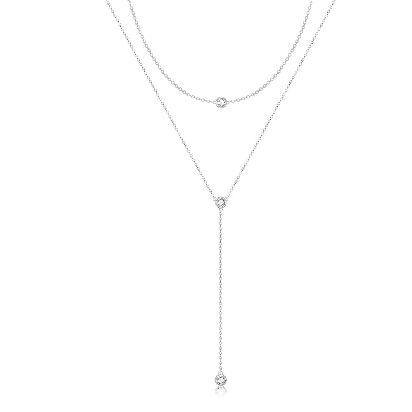 Zeffy Long Silver Necklace for Women Dainty Silver Plated Lariat CZ Teardrop Drop Layered Necklace Trendy Simple Silver Jewelry for Women