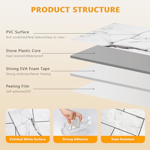 Vamos Tile 100-Piece Glossy Statury White Peel and Stick Backsplash Tile,3''x6'' PVC Subway Tile with Dark Gray Grout, Stick on Backsplash for Kitchen/Bathroom/Fireplace - color: Statury White with Dark Gray Grout