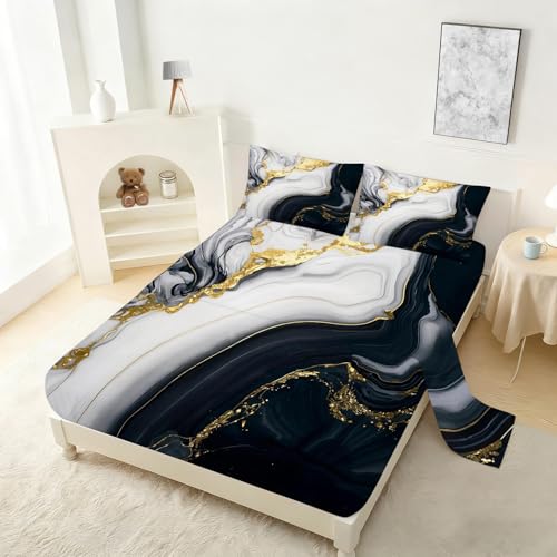 Black Gold Marble Sheets Sets Twin Size Elegant Marbling Fitted Sheet Set 3D Marble Bed Sheet for Kids Teens Adults Modern Bedspread 1 Fitted Sheet+1 Flat Sheet+1 Pillowcase - color: 3d Marble, size: Twin