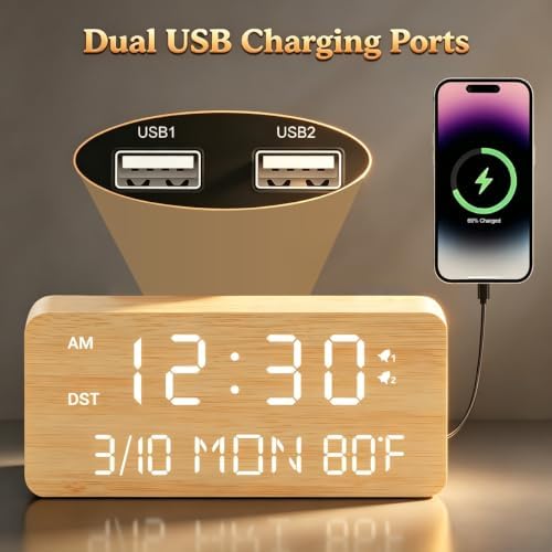 Andoolex Wooden Digital Alarm Clock with Wireless Charging, 0-100% Adjustable Brightness Dimmer and Alarm Volume, Weekday/Weekend Mode, Dual Alarm, Snooze, 12/24H, Wood LED Clock for Bedroom (Bamboo)