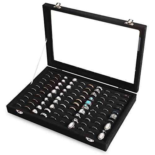 Frebeauty Ring Organizer Tray 100 Slots Ring Holder with Clear Lid Velvet Storage Box Jewelry Tray for Jewelry Store Earring Display Case for Jewelry Show Studs Box for Women(Black) - color: Black