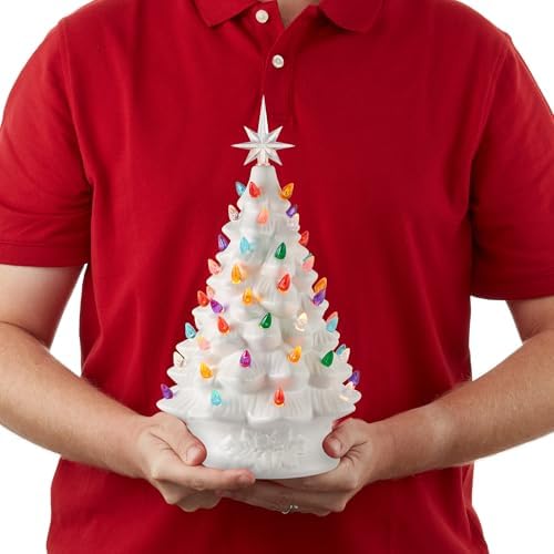 Casafield Hand Painted Ceramic Christmas Tree, White 15-Inch Pre-Lit Tree with 128 Multi Color Lights and 2 Star Toppers
