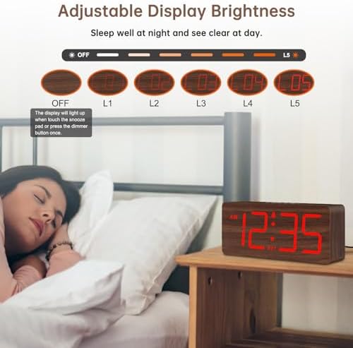 DreamSky Wooden Digital Alarm Clock for Bedroom with Large Numbers | Desk Clocks for Living Room, Office, Dimmer, Loud Alarm for Heavy Sleepers with Volume Control, DST, Wood Decor (Plug-in)