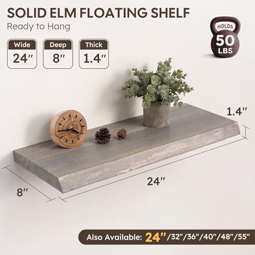 Live Edge Floating Shelves Set of 2, 24 Inch Solid Elm Wood Wall Shelves - Invisible Bracket Mount for Living Room, Bedroom, Kitchen, Bathroom | Weathered Gray - color: Driftwood Gray, size: 24"L, 2-Pack