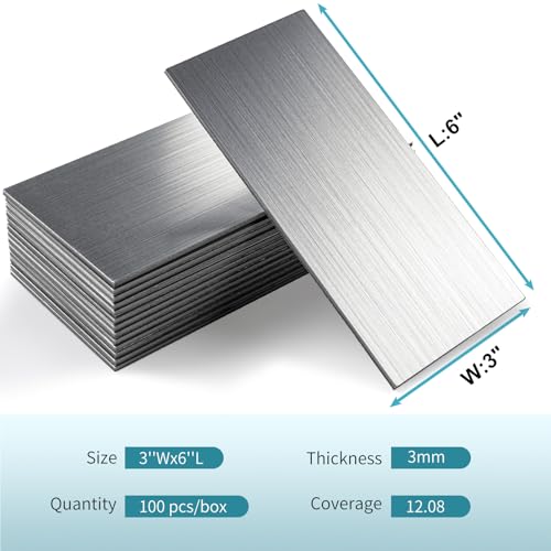 Vamos Tile 100-Piece Peel and Stick Backsplash Seamless Tile,3''x6'' Brushed Stainless Steel Metal Subway Tile,Stick on Backsplash for Kitchen/Bathroom/Laundry Room - color: Brushed Stainless