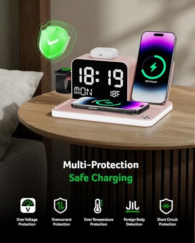 Acer 7-in-1 Wireless Charging Station with LED Clock - 30W Fast Wireless Charger for iPhone 16/15/14/13/12/Pro Max, Apple Watch, AirPods - Bluetooth Auto Time Sync & Night Lights (Pink)