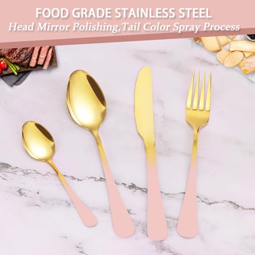 24 Pieces Flatware Set, Stainless Steel Cutlery Set with Silverware Holder, Modern Gold Silverware Set Includes Dinner Knives Forks Spoons,Hanging Silverware Set Service for 6 (Pink) - color: Pink
