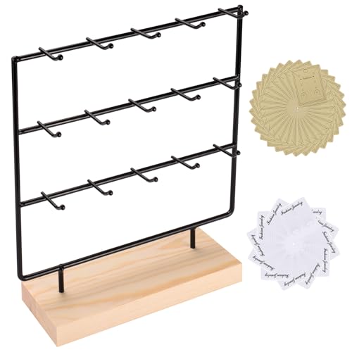 Earring Display Stands for Selling, 3 Tier 15 Hooks Wood Jewelry Organizer Rack for Earrings, Necklaces, Rings, Bracelets, Keychains - Compact for Countertop, Boutique, Trade Shows (Black)
