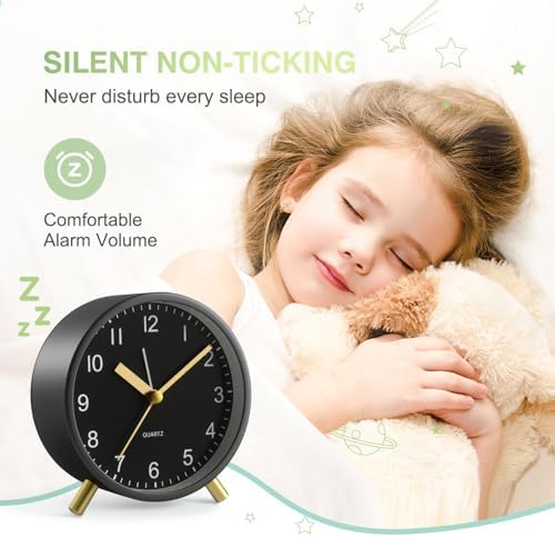 Analog Alarm Clock, Silent Non-Ticking with Night Light, Fashionable Round Metal Alarm Clock for Office, Battery Operated, Clock for Bedroom, Elderly, Adults, Children, Student Gifts