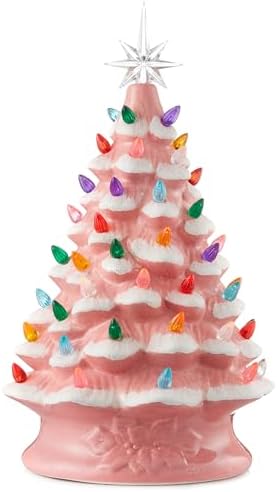 Casafield Hand Painted Ceramic Christmas Tree, Pink Snow Flocked 15-Inch Pre-Lit Tree with 128 Multi Color Lights and 2 Star Toppers