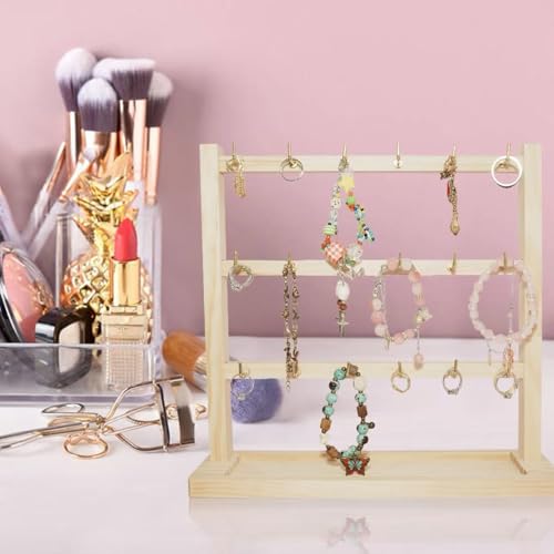 3 Layers of Wooden Display Eacks With Hooks for Necklaces. Rings, Earrings, Bracelets, And Other Jewelry Storage Display Rack - size: 3 Layers