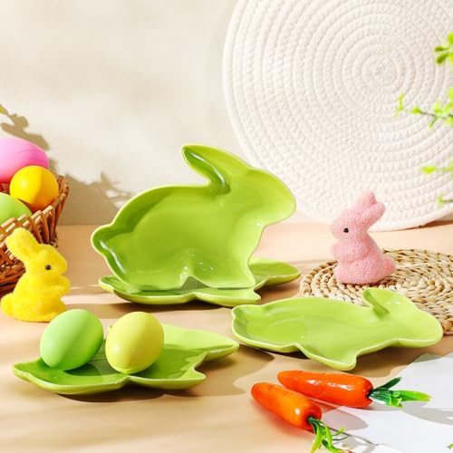 Jinei 4 Pcs Easter Bunny Shaped Plates Ceramic Serving Candy Dishes Rabbit Dinner Tray Salad Dessert Appetizer Plates Dinnerware for Easter Party Spring Garden Tea Party Supplies(Green) - color: Green