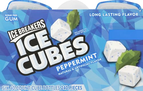 ICE BREAKERS Ice Cubes Peppermint Sugar Free Chewing Gum Bottles, 3.24 oz (6 Count, 40 Pieces) (Pack of 2)