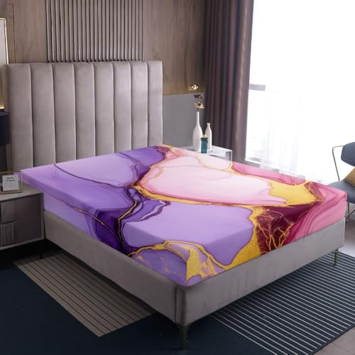 Marble Sheet Set - Pink Purple Gold Bed Sheets, Soft Modern Texture Pattern, Full Size 4-Piece Girly Bedding Set (1 Fitted Sheet, 1 Top Sheet, 2 Pillowcases) - color: Multi 01, size: Full