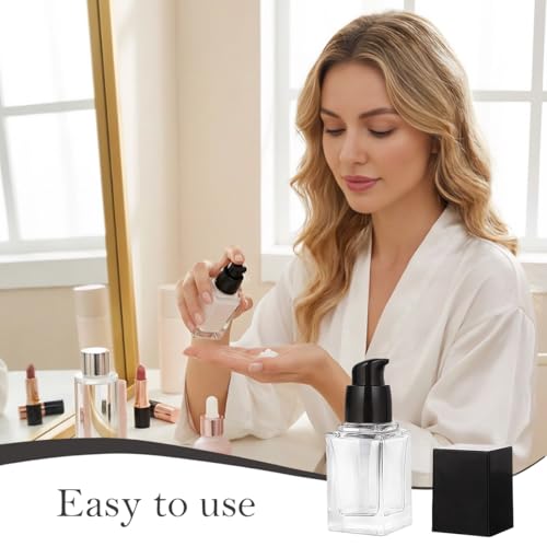 2PCS 15ml/0.5oz Empty Refill Square Glass Cosmetic Pump Bottles Clear Lotion Containers with Black Pump Head Makup Travel Vials for Foundation Cleanser Essential Oils Liquids Cream
